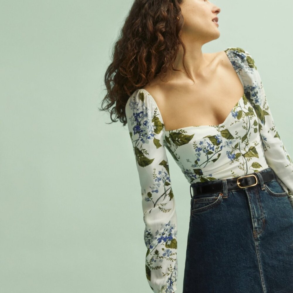 NWOT Reformation Reign Top Blouse, Floral Print in Riviera, Size 4, $148